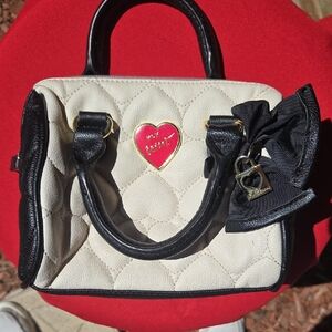 Betsey Johnson Quilted Cream and Black Satchel with Heart Accent